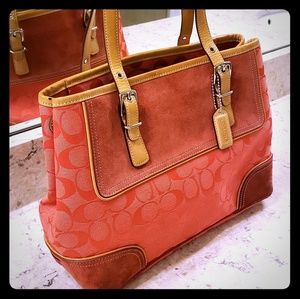 Coral Coach Suede and Canvas Bag